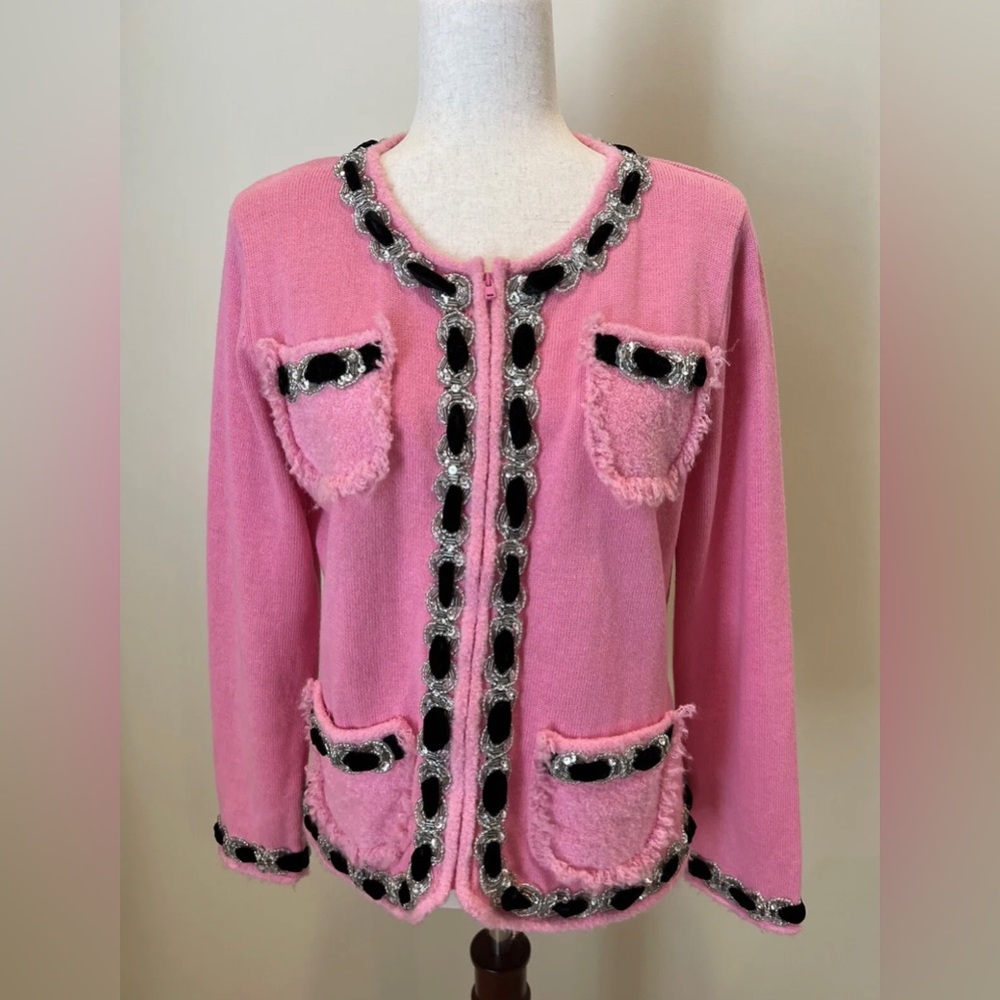 VTG Berek Cardigan Sweater Size M Pink Embellished Sequins Beads Ribbon Pockets
